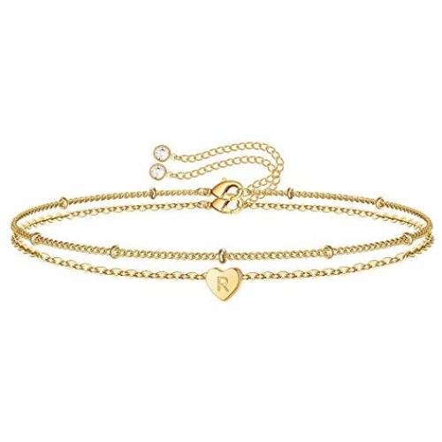 Turandoss Dainty Heart Initial Bracelets for Women, 14K Gold Filled Handmade Personalized Letter Layered Heart Initial Bracelets for Women Girls Jewelry Gifts