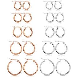 Besteel 5-10 Pairs Stainless Steel Small Hoop Earrings Clasp Gold Tone Silver Tone Hoop Rounded Earrings Set for Women Men Nickel Free
