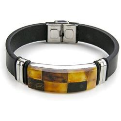 Amber Leather Bracelet - Square Wrap in a Gift Box - Stainless Steel Adjustable - Amber Culture