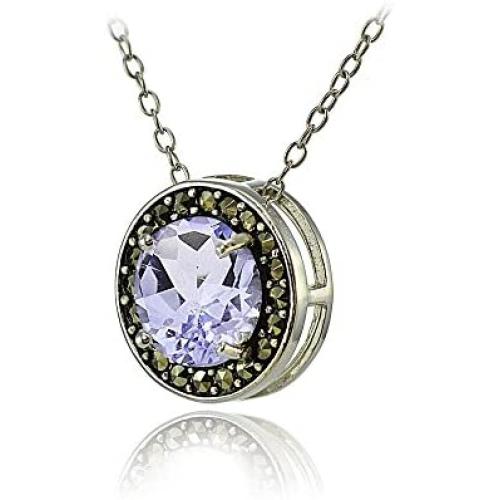 Ice Gems Sterling Silver Gemstone and Marcasite Halo Birthstone Necklaces
