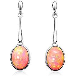 Paul Wright Created Pink Opal Dangle Earrings in 925 Sterling Silver, 10x8mm Oval, Vibrant Coral Pink Color, on Posts