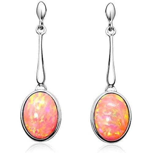 Paul Wright Created Pink Opal Dangle Earrings in 925 Sterling Silver, 10x8mm Oval, Vibrant Coral Pink Color, on Posts