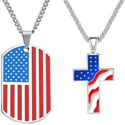 Cupimatch 2pcs American USA Flag Patriotic Cross Dog Tag Pendant Necklace Set Stainless Steel Stars and Stripes Necklace 22'' Chain Jewelry