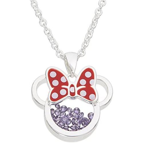 Disney Birthstone Women and Girls Jewelry Minnie Mouse Silver Plated Shaker Pendant Necklace, 18+2'' Extender