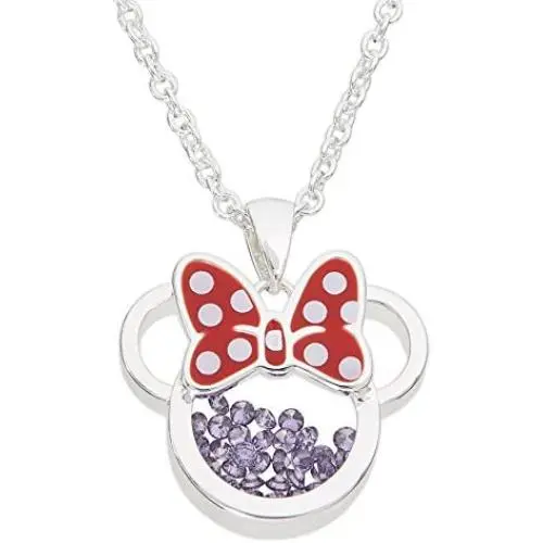 Disney Birthstone Women and Girls Jewelry Minnie Mouse Silver Plated Shaker Pendant Necklace, 18+2'' Extender