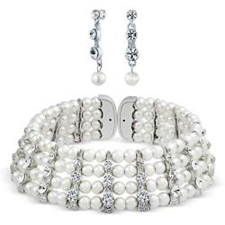 Large Bridal Art Deco Style Crystal Bar Accent White Simulated Pearl Wide Statement Choker Earring Necklace Bridal Jewelry Set for Women for Prom Pageant Wedding Adjustable