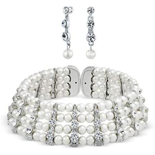 Large Bridal Art Deco Style Crystal Bar Accent White Simulated Pearl Wide Statement Choker Earring Necklace Bridal Jewelry Set for Women for Prom Pageant Wedding Adjustable