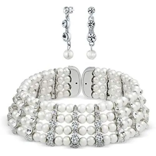 Large Bridal Art Deco Style Crystal Bar Accent White Simulated Pearl Wide Statement Choker Earring Necklace Bridal Jewelry Set for Women for Prom Pageant Wedding Adjustable Large Bridal Art Deco Style Crystal Bar Accent White Simulated Pearl Wide Statement Choker Earring Necklace Bridal Jewelry Set for Women for Prom Pageant Wedding Adjustable