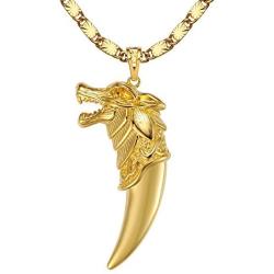 WESTMIAJW 24K Gold Plated Wolf Tooth Pendants Necklace Chain Jewelry for Men Boy 60cm,with Gift Box