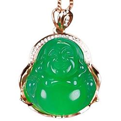 yigedan 14k Gold Plated Green Jade Gemstone Buddha Pendant Lucky Necklace