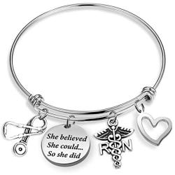 Eigso Nurse Bracelet Keychain She Believed She Could RN LVN LPN Nurse Stethascope Charm Nursing School Graduation Gift Inspirational Nurse Jewelry