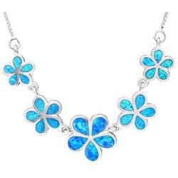 Honolulu Jewelry Company Sterling Silver Five Plumeria Flower Necklace with Simulated Blue Opal