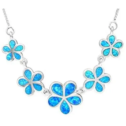 Honolulu Jewelry Company Sterling Silver Five Plumeria Flower Necklace with Simulated Blue Opal Honolulu Jewelry Company Sterling Silver Five Plumeria Flower Necklace with Simulated Blue Opal