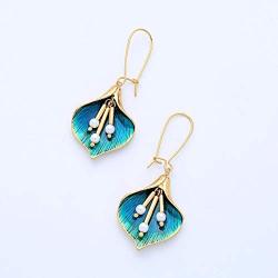 Gold Plated Enameled Green Calla Lily Flower Dangle Earrings with Extra French Hook