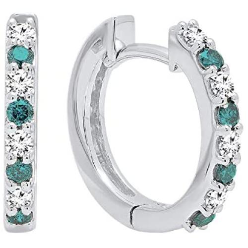 Dazzlingrock Collection 14K Round Gemstone & White Diamond Ladies Fine Dainty Hoop Earrings, White Gold