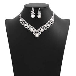Campsis Bridal Pearl Necklace Rhinestone Teardrop Wedding Bride Statement Necklace Set Jewelry for Women and Girls