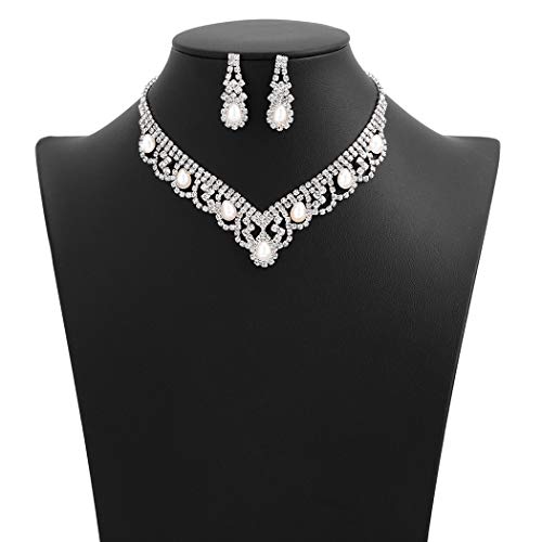 Campsis Bridal Pearl Necklace Rhinestone Teardrop Wedding Bride Statement Necklace Set Jewelry for Women and Girls