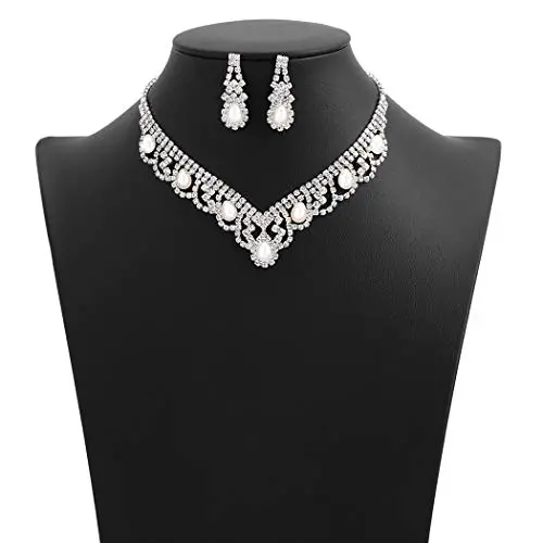 Campsis Bridal Pearl Necklace Rhinestone Teardrop Wedding Bride Statement Necklace Set Jewelry for Women and Girls