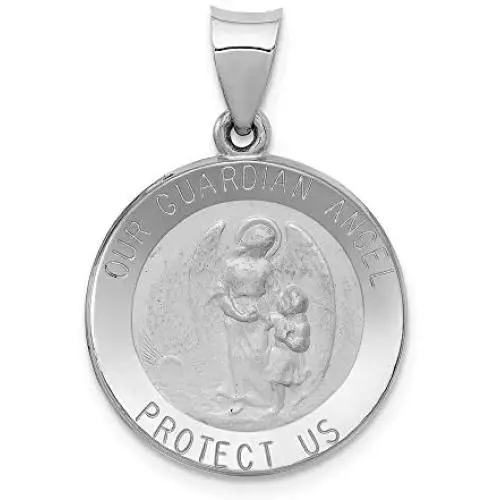 14K White Gold Charm Pendant 21 mm 19 Polished And Satin Our Guardian Angel Medal