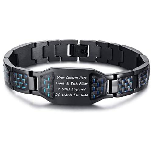 MPRAINBOW Mens Personalized Bracelet Message/Scripture/Quote/Proverb/Inspiring Words Engraved Stainless Steel Black Carbon Fiber Inlay Watch Band Adjustable Link Bracelet for Men Boy