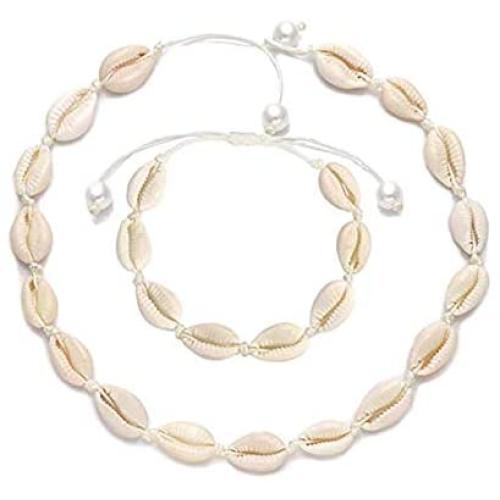 KARIDUN Bohemian Hawaiian Beach Seashell Choker Necklaces and Bracelets for Women Adjustable Conch Anklet Turtle Bracelet Turquoise Necklace and Bracelet Set