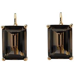 18K Yellow Gold Plated Emerald Cut Genuine Smoky Quartz Drop Earrings (16x10.5mm)