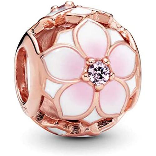 Pandora Jewelry Openwork Pink Magnolia Bloom Crystals Charm in Pandora Rose