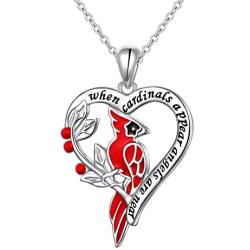 Red Cardinal Necklace Memorial Gift for Women Sterling Silver When Cardinals Appear Angels Are Near Heart Necklace Jewelry for Girls