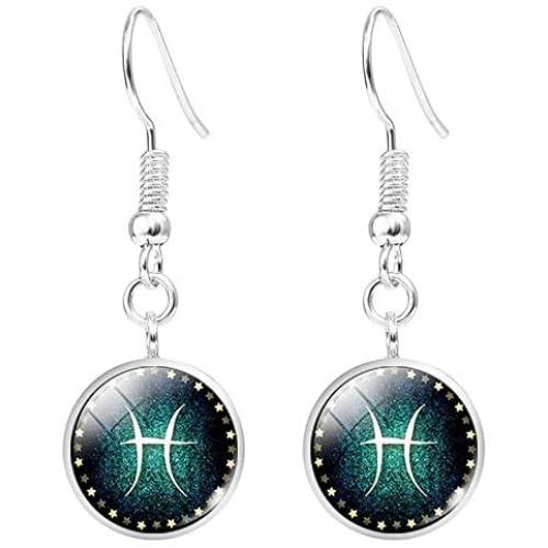 12 Constellations Zodiac Green Round Hook Earrings for Girls Boys Birthday Gifts