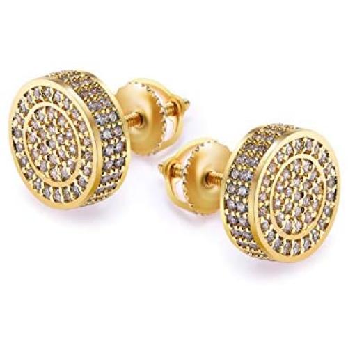 Gold Earrings For Men And Ladies With Screw Back Hip Hop Earrings Men Gold Plated With Cubic Zircon Round