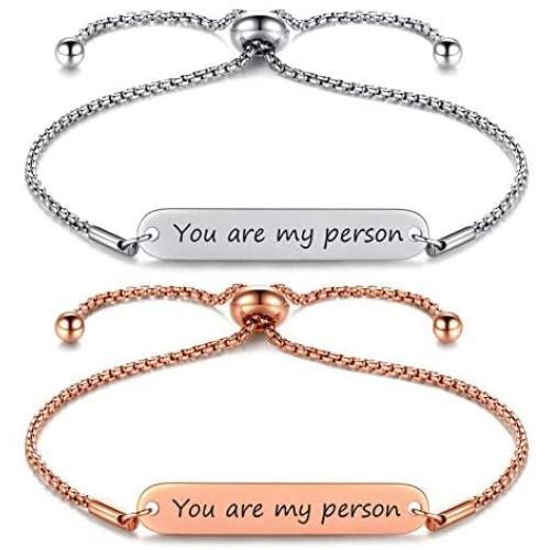 JF.JEWELRY Personalized Couple Bracelets Custom Couple Bracelet | 2 Pcs Gift for Lover His Queen Her King Stainless Steel Bar Bracelet with Box Chain, Adjustable
