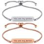 JF.JEWELRY Personalized Couple Bracelets Custom Couple Bracelet | 2 Pcs Gift for Lover His Queen Her King Stainless Steel Bar Bracelet with Box Chain, Adjustable