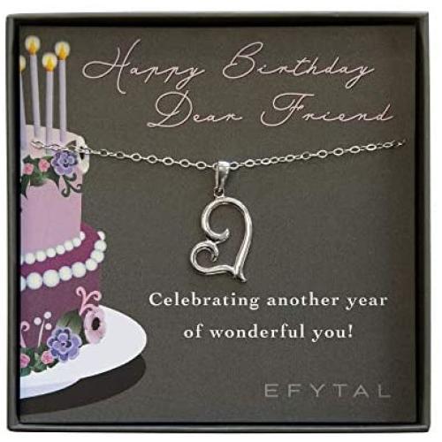 EFYTAL Best Friend Birthday Gifts, 925 Sterling Silver Sideways Heart Necklace on Message Card, Friendship Gift, Happy Birthday Necklace for Women