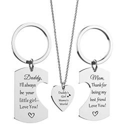 redrain Family Best Gift Encouraging Jewelry Daddys Girl Mommys World Set of 3 Puzzle Heart Pendant Necklace Keychain Keyring for Dad Mom Daughter Gifts