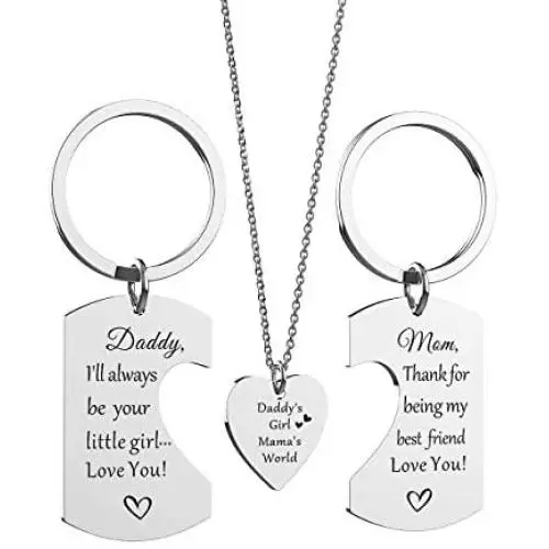 redrain Family Best Gift Encouraging Jewelry Daddys Girl Mommys World Set of 3 Puzzle Heart Pendant Necklace Keychain Keyring for Dad Mom Daughter Gifts