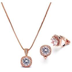 Mariell Rose Gold Necklace & Clip On Earrings Jewelry Set, 10mm Pave Halos with Round CZ Solitaires