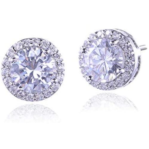 Silver Cubic Zirconia Stud Earrings for Women CZ Stud Earrings Sterling Silver 18k White Gold Plated Halo Stud Hypoallergenic Earrings Simulated Diamond Stud for Girls Fashion Everyday Jewelry