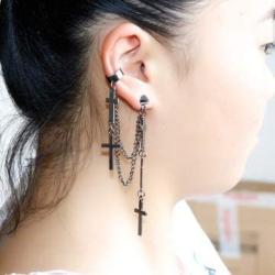 Punk Cuff Tassel Chain Earrings, Stainless Steel Cross Ear Cuff Crawler Climer Earring for Women Girls Men,Multi Layered Chain Drop Fashion Jewelry