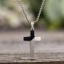 Steve Madden Black Rhodium IP Plated Stainless Steel Diagonal Design Cross Necklace for Men on 26 Inch Box Chain with 2 Inch Extender (Black)