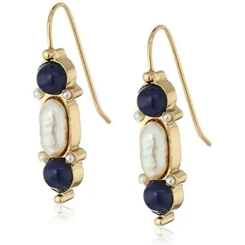 1928 Jewelry Silver-Tone Simulated Pearl and Semi-Precious Onyx Drop Earrings 1928 Jewelry Silver-Tone Simulated Pearl and Semi-Precious Onyx Drop Earrings