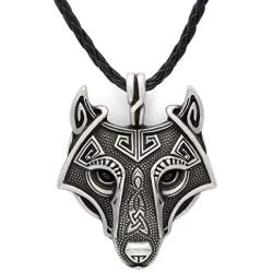 HAQUIL Wolf Necklace - Viking Celtic Wolf Head Pendant - Leather Cord - Wolf Jewelry Gifts