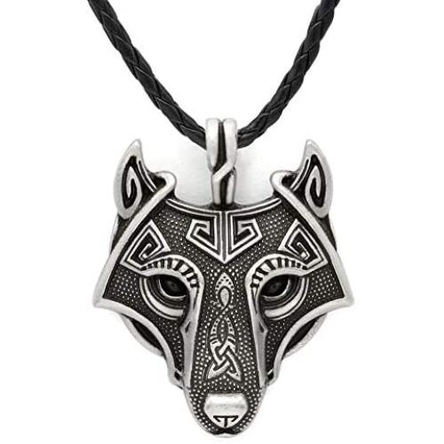 HAQUIL Wolf Necklace - Viking Celtic Wolf Head Pendant - Leather Cord - Wolf Jewelry Gifts