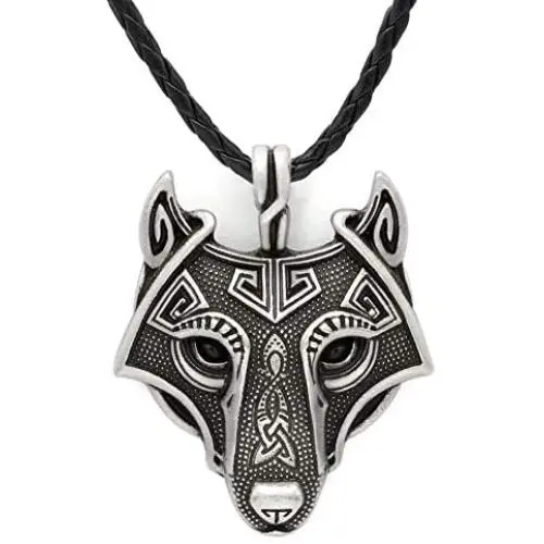 HAQUIL Wolf Necklace - Viking Celtic Wolf Head Pendant - Leather Cord - Wolf Jewelry Gifts