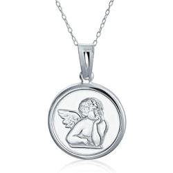 Religious Round Disc Medal Guardian Angel Cherub Pendant Necklace For Women For Teen 925 Sterling Silver