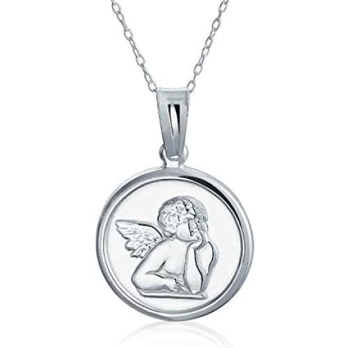 Religious Round Disc Medal Guardian Angel Cherub Pendant Necklace For Women For Teen 925 Sterling Silver