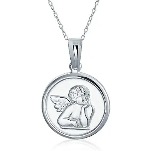 Religious Round Disc Medal Guardian Angel Cherub Pendant Necklace For Women For Teen 925 Sterling Silver
