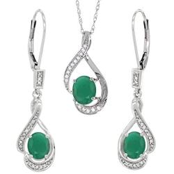 14K White Gold Diamond Natural Cabochon Emerald Lever Back Earrings Necklace Set Oval 7x5mm, 18 inch long