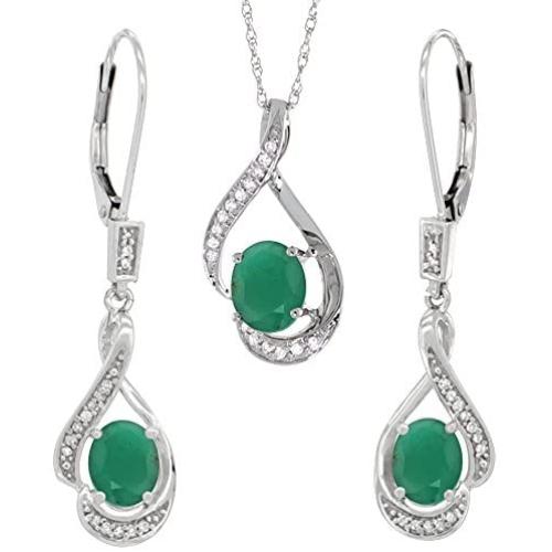 14K White Gold Diamond Natural Cabochon Emerald Lever Back Earrings Necklace Set Oval 7x5mm, 18 inch long