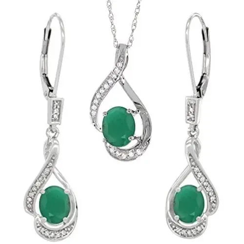 14K White Gold Diamond Natural Quality Emerald Lever Back Earrings Necklace Set Oval 7x5mm, 18 inch long