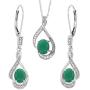 14K White Gold Diamond Natural Cabochon Emerald Lever Back Earrings Necklace Set Oval 7x5mm, 18 inch long